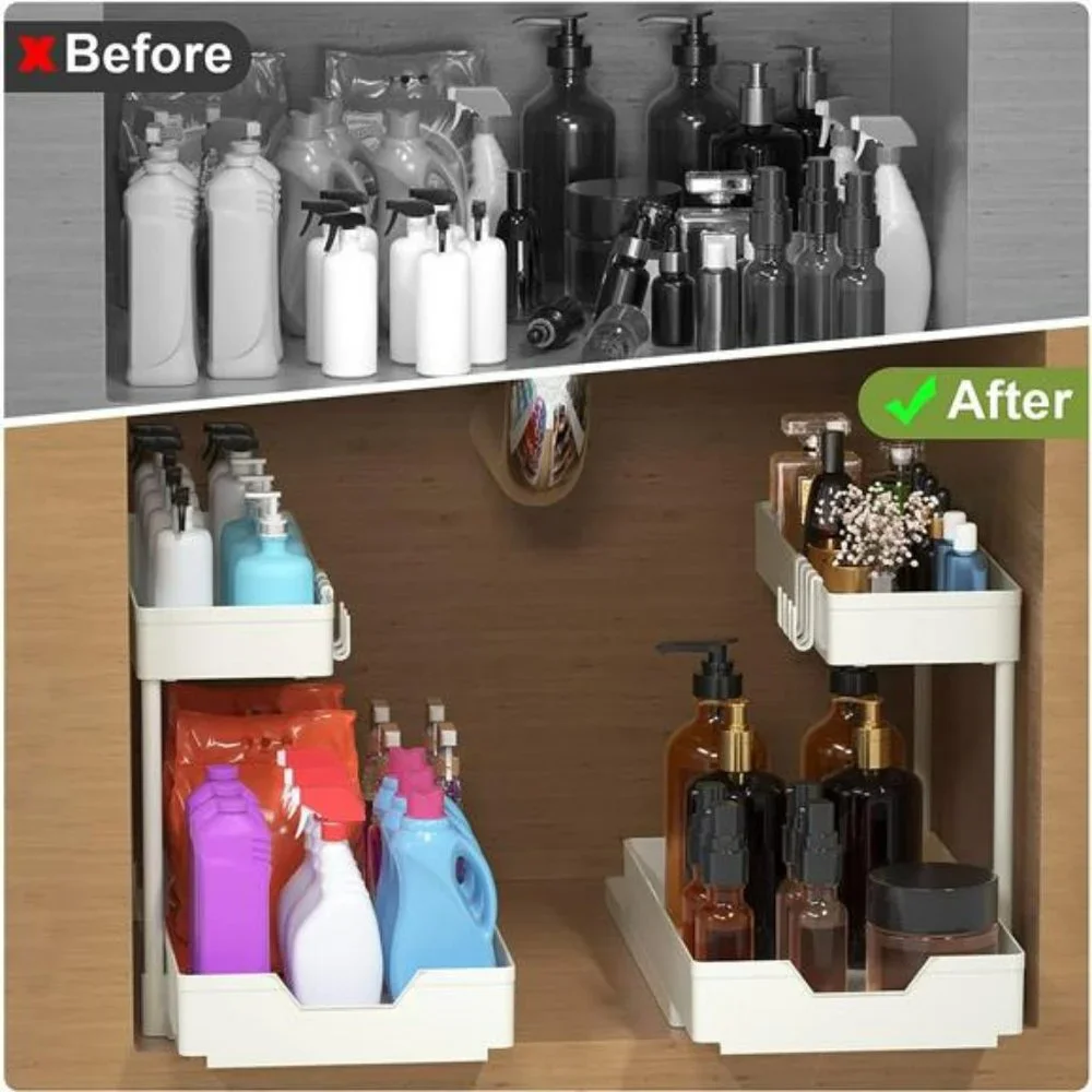 Under Sink Organizers and Storage 2 Pack L-Shape, 2-Tier (White)